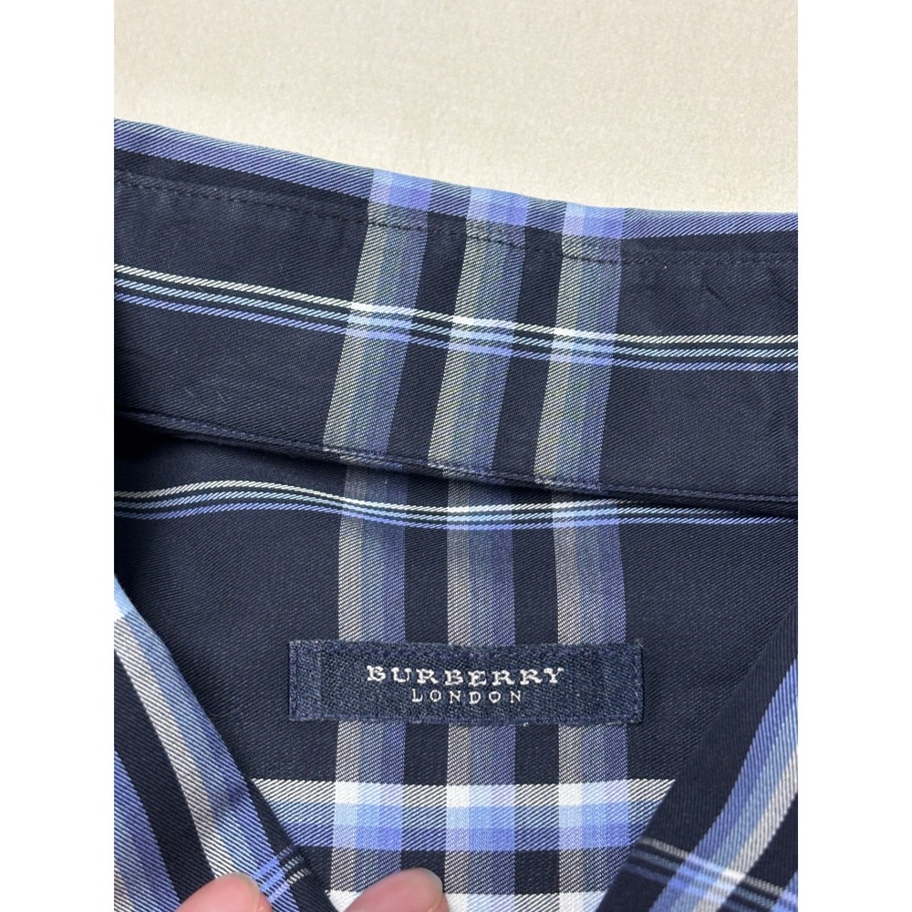 Burberry London Mens XXL Navy Blue Plaid Button Down Shirt Made in USA Cotton - Picture 4 of 11